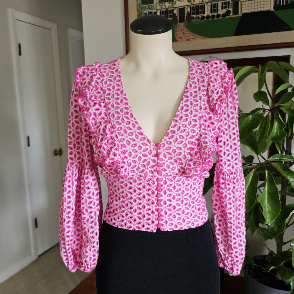 Bardot Camille pink eyelet ruffle v-neck smocked barbiecore cropped blouse